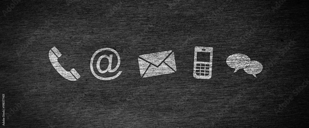 Website and Internet contact us page concept with white icons on a blackboard
